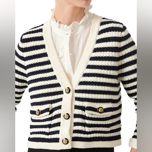 ba&sh Gamden Stripe Cropped Cardigan Size 4/L Navy And White 75% Cotton - Picture 2 of 16